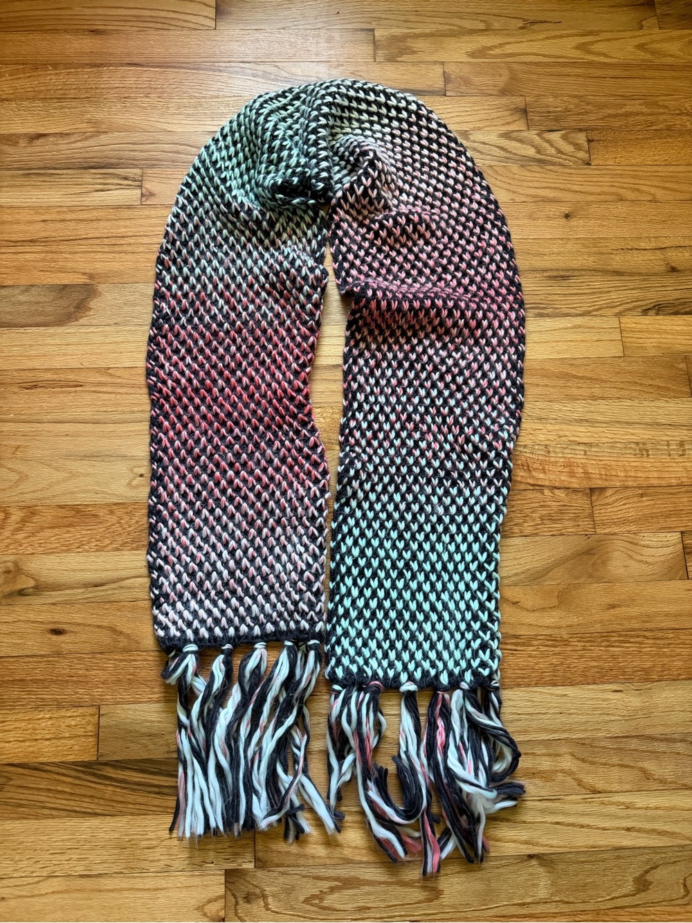 Maurices Multicolor Knit Fringe Scarf in Pink, Black, White, Teal